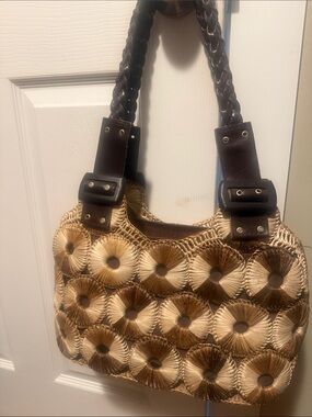 Woven Straw Tote Bag with Dark Brown Leather Straps